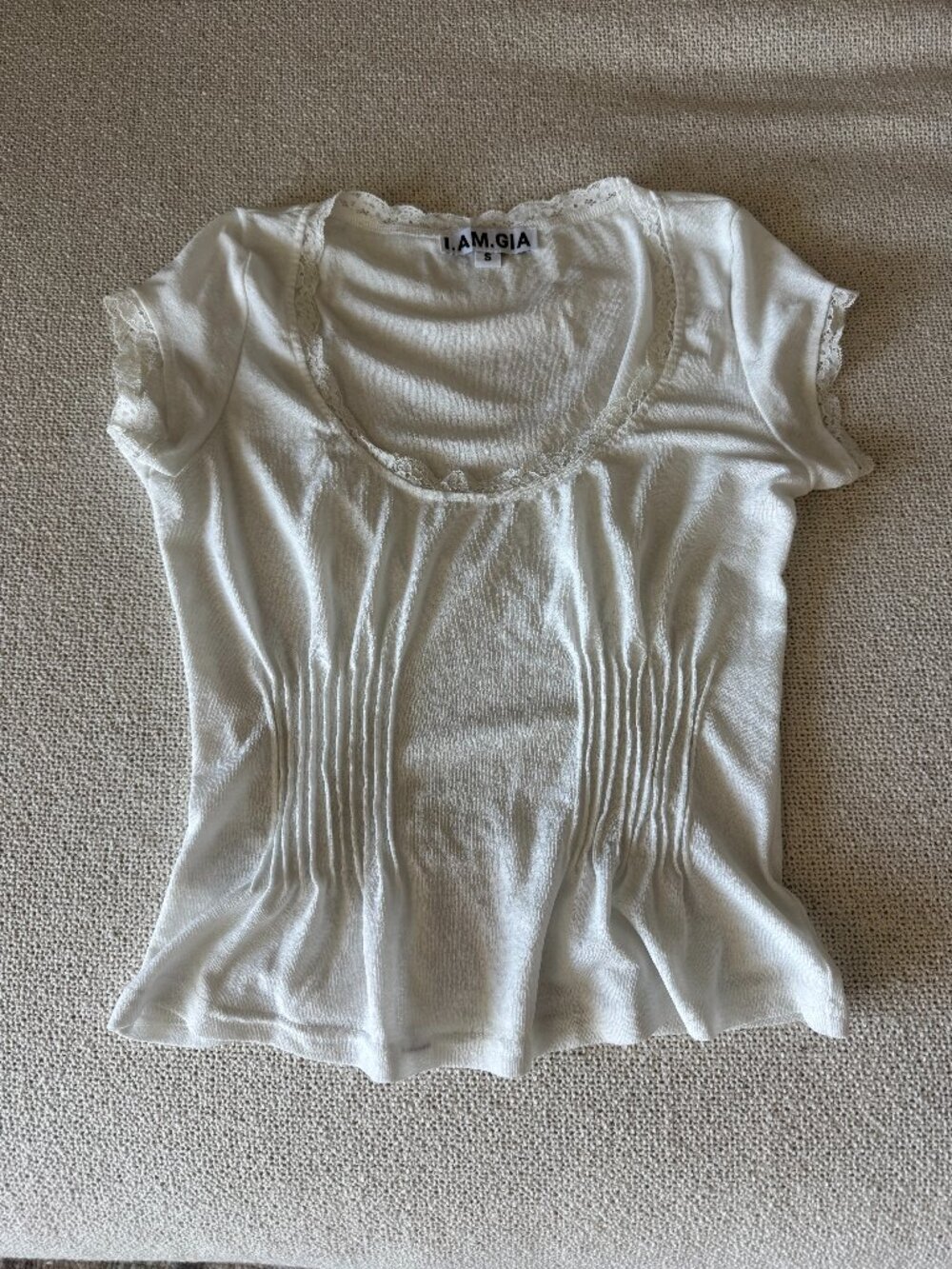 I.AM.GIA White Lace Trim Baby Tee Ruched Top Size Small